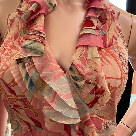 Kay Unger 100% Silk vintage midi maxi dress pink lined halter ruffles XS S - Picture 9 of 16